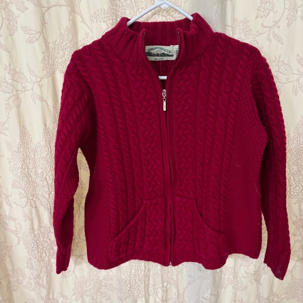 Aran Crafts Ireland Vintage Merino Wool Zip Cable Knit Sweater Red Size L